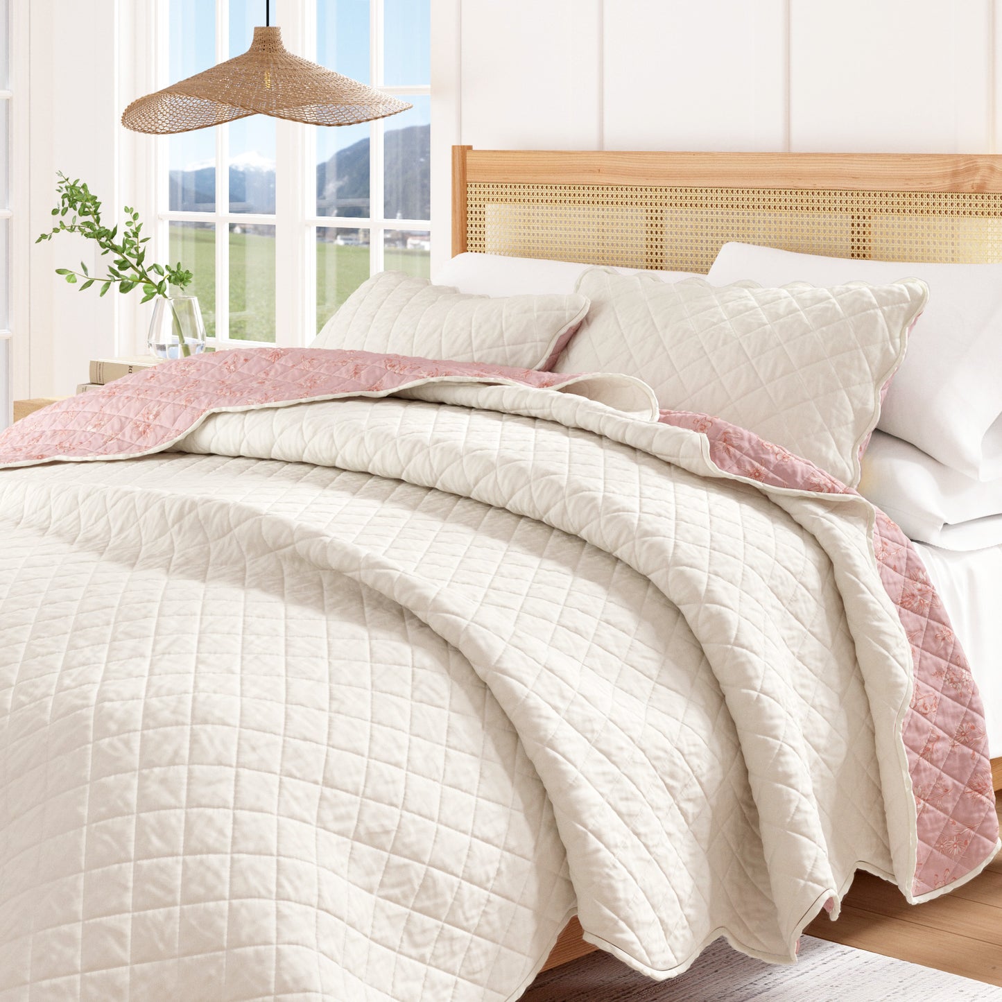 Floral Print & Scallopeded Edge Cotton Quilt Set - Sandie Collection