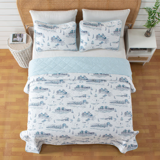 3-Piece Coastal Toile Quilt Set - Cape Elizabeth Collection