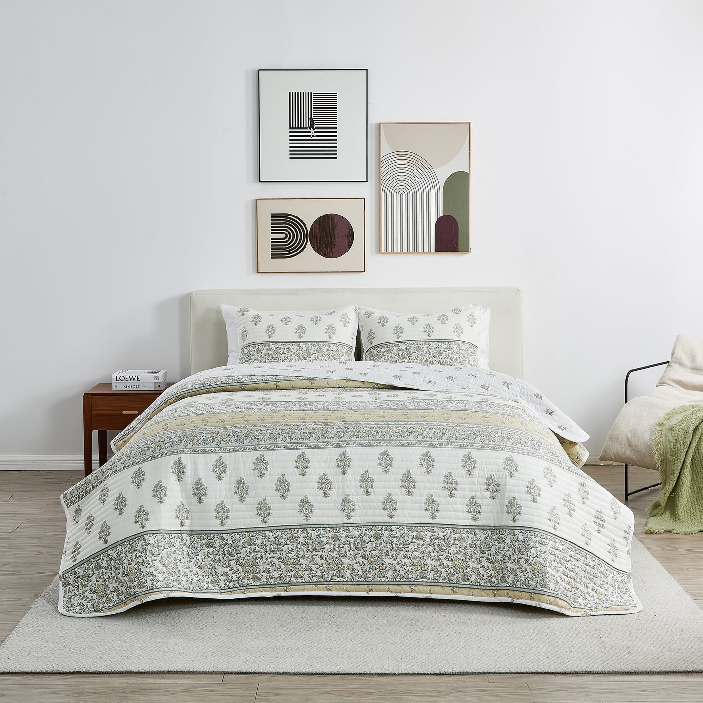 Floral Striped Microfiber Quilt Set - Hermine Collection