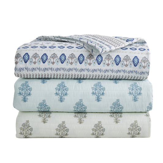 Floral Striped Microfiber Quilt Set - Hermine Collection